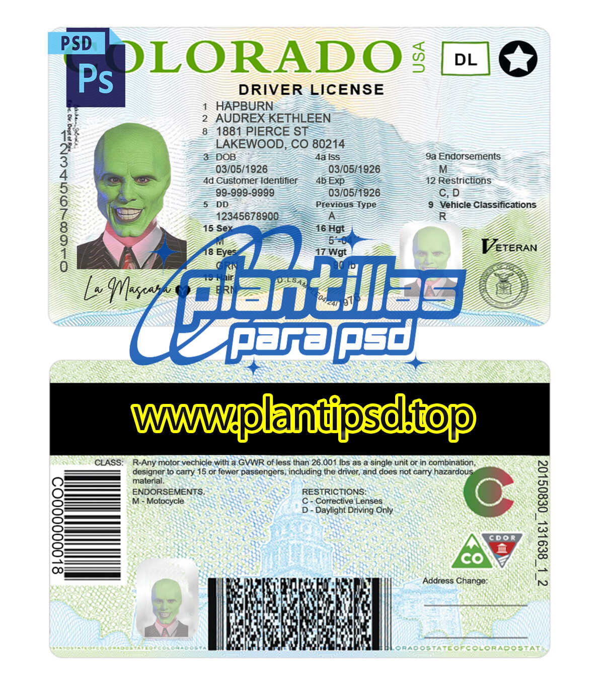 Licencia de Conducir de Colorado USA – Plantilla Digital Editable en Photoshop