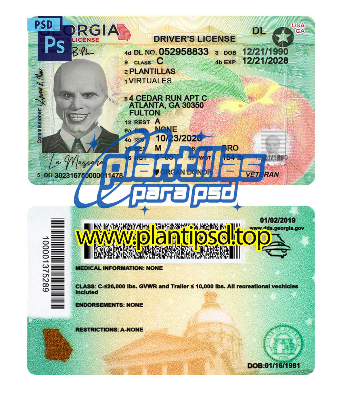 Licencia de Conducir de Georgia USA – Plantilla Digital Editable en Photoshop