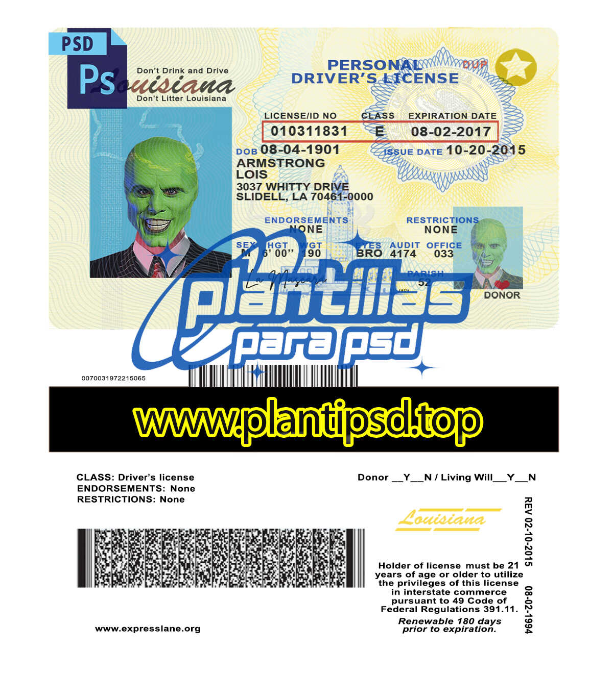 Licencia de Conducir de Louisiana USA – Plantilla Digital Editable en Photoshop