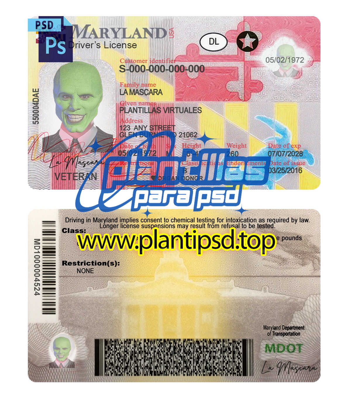 Licencia de Conducir de Maryland USA – Plantilla Digital Editable en Photoshop
