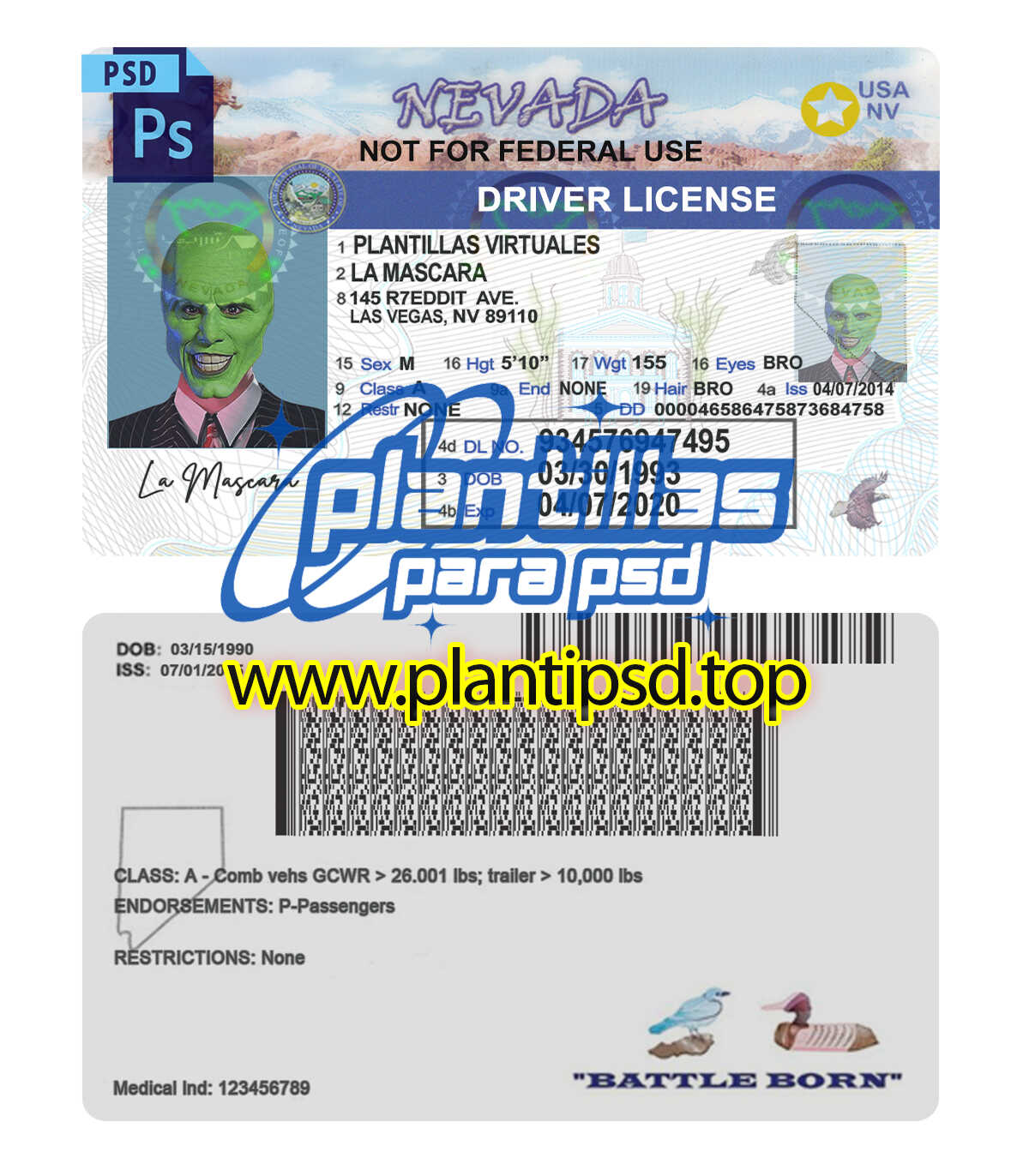 Licencia de Conducir de Nevada USA – Plantilla Digital Editable en Photoshop