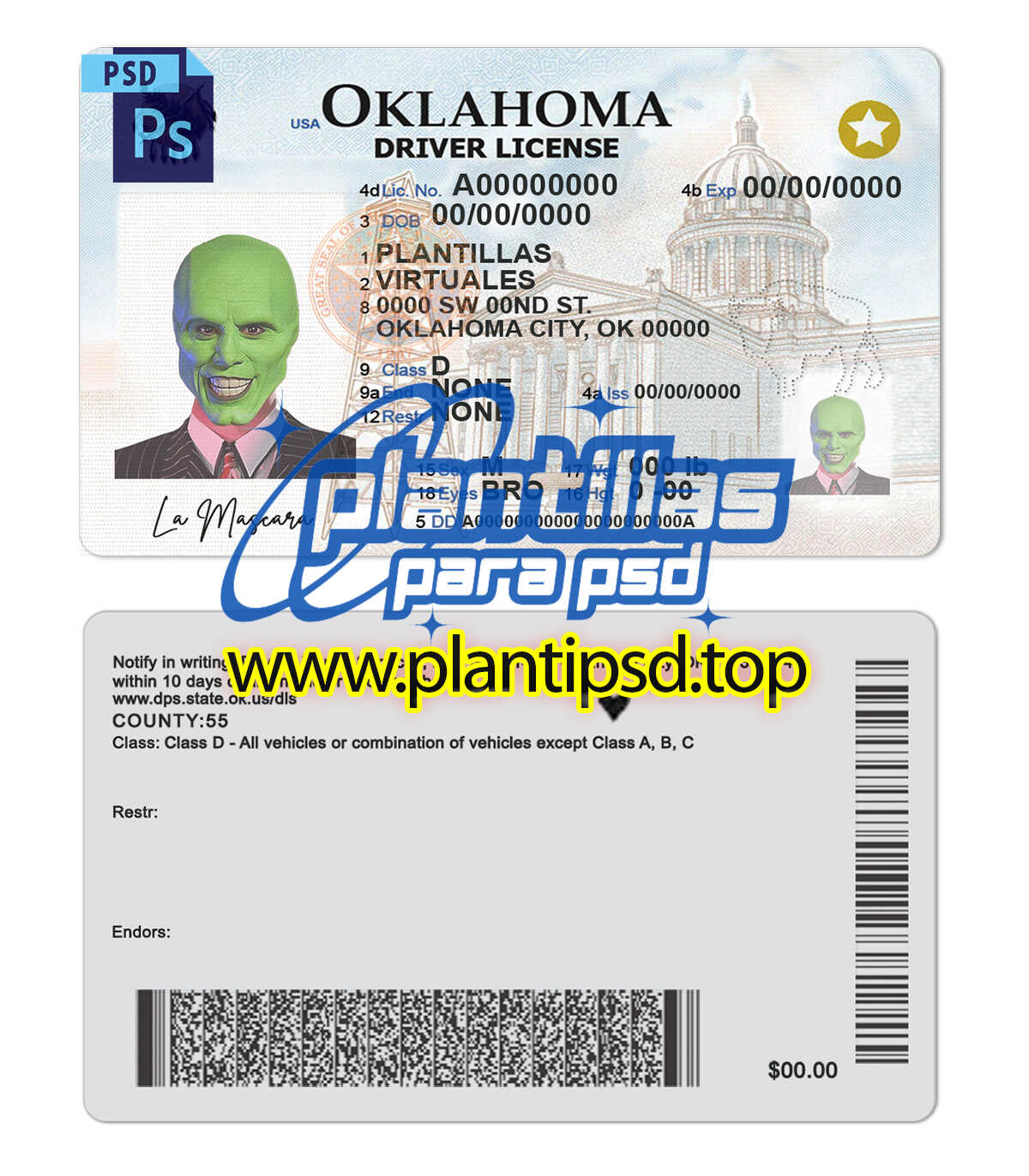 Licencia de Conducir de Oklahoma USA – Plantilla Digital Editable en Photoshop