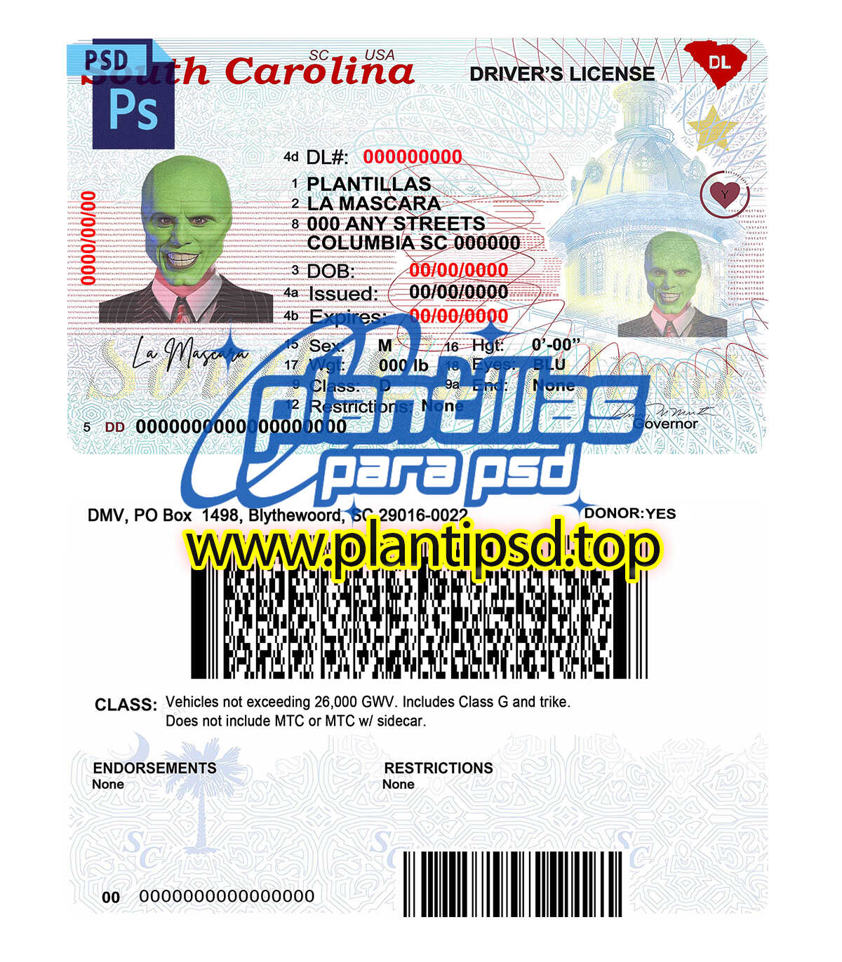 Licencia de Conducir de South Carolina USA – Plantilla Digital Editable en Photoshop