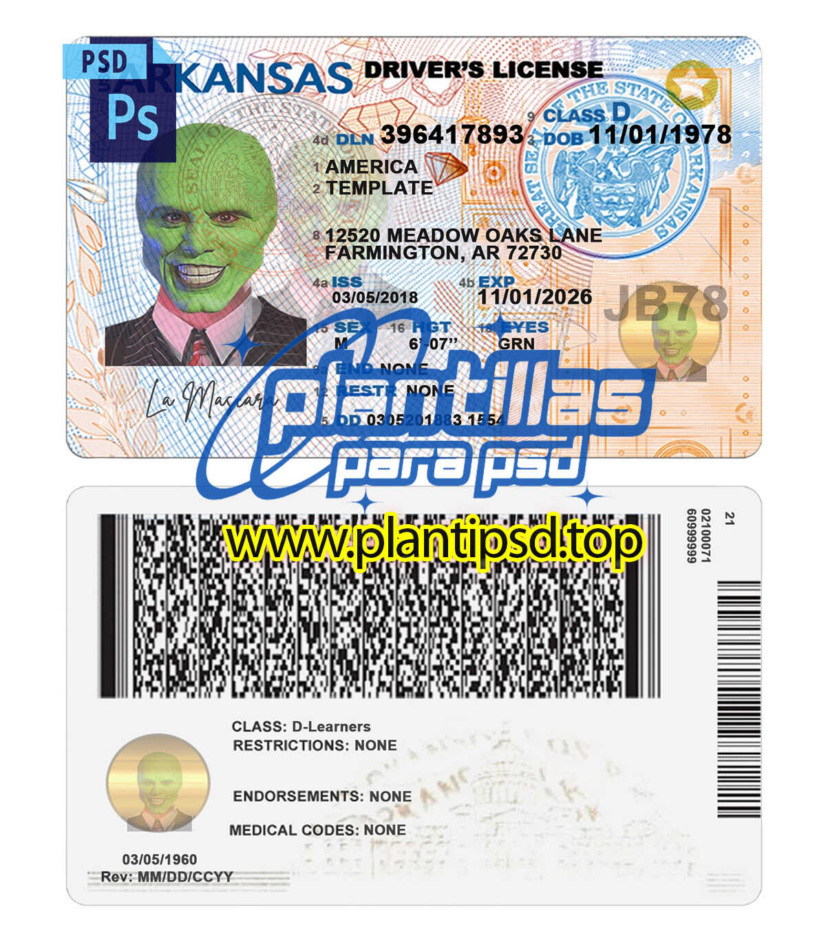 Licencia de Conducir de Arkansas USA – Plantilla Digital Editable en Photoshop