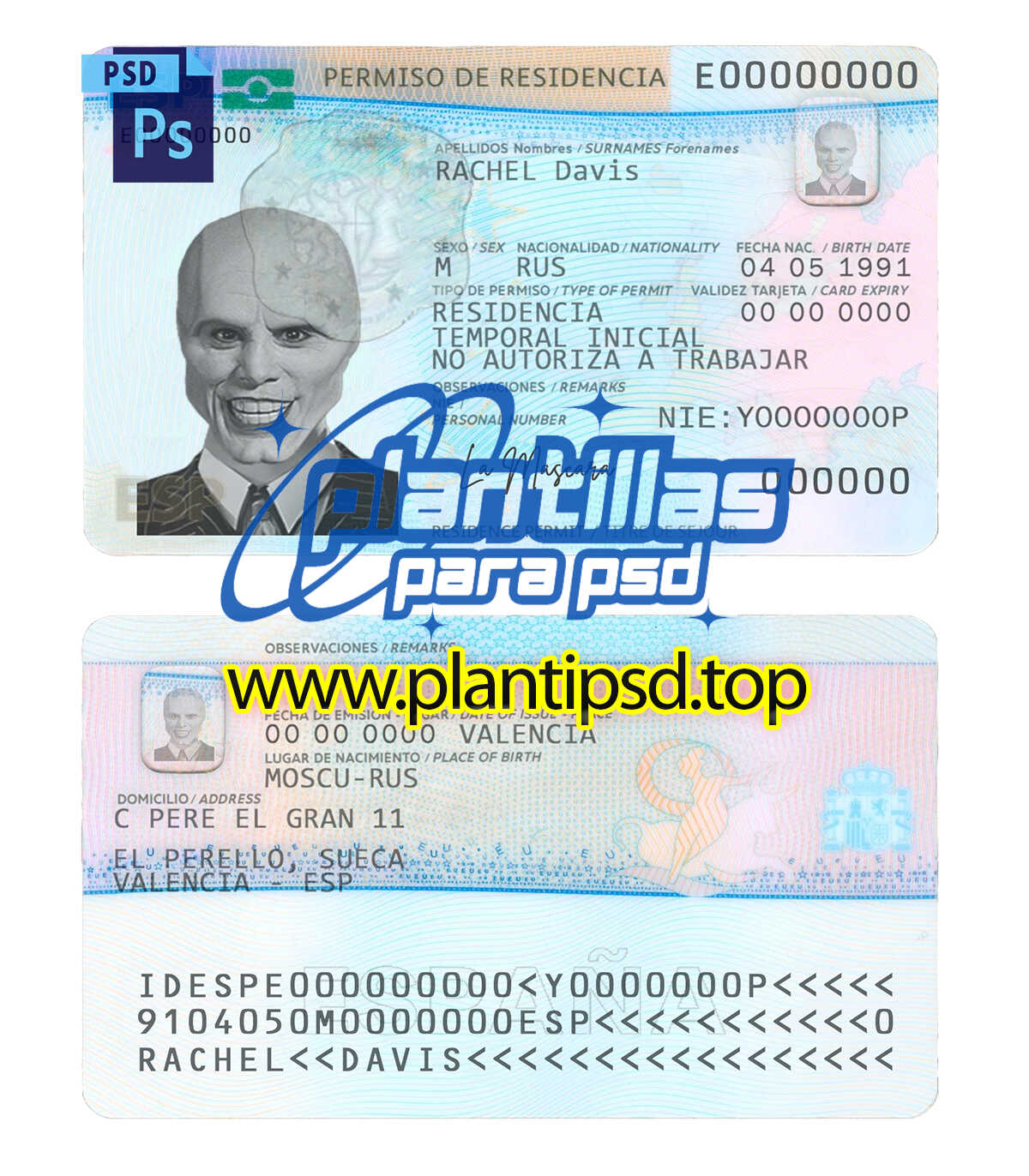 Carnet de Residencia España - Plantilla Digital Editable en Photoshop