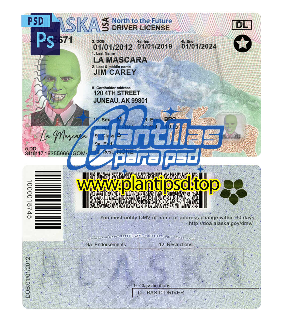 Licencia de Conducir de Alaska USA – Plantilla Digital Editable en Photoshop