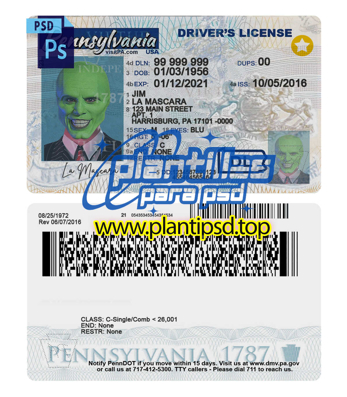 Licencia de Conducir de Pennsylvania USA – Plantilla Digital Editable en Photoshop