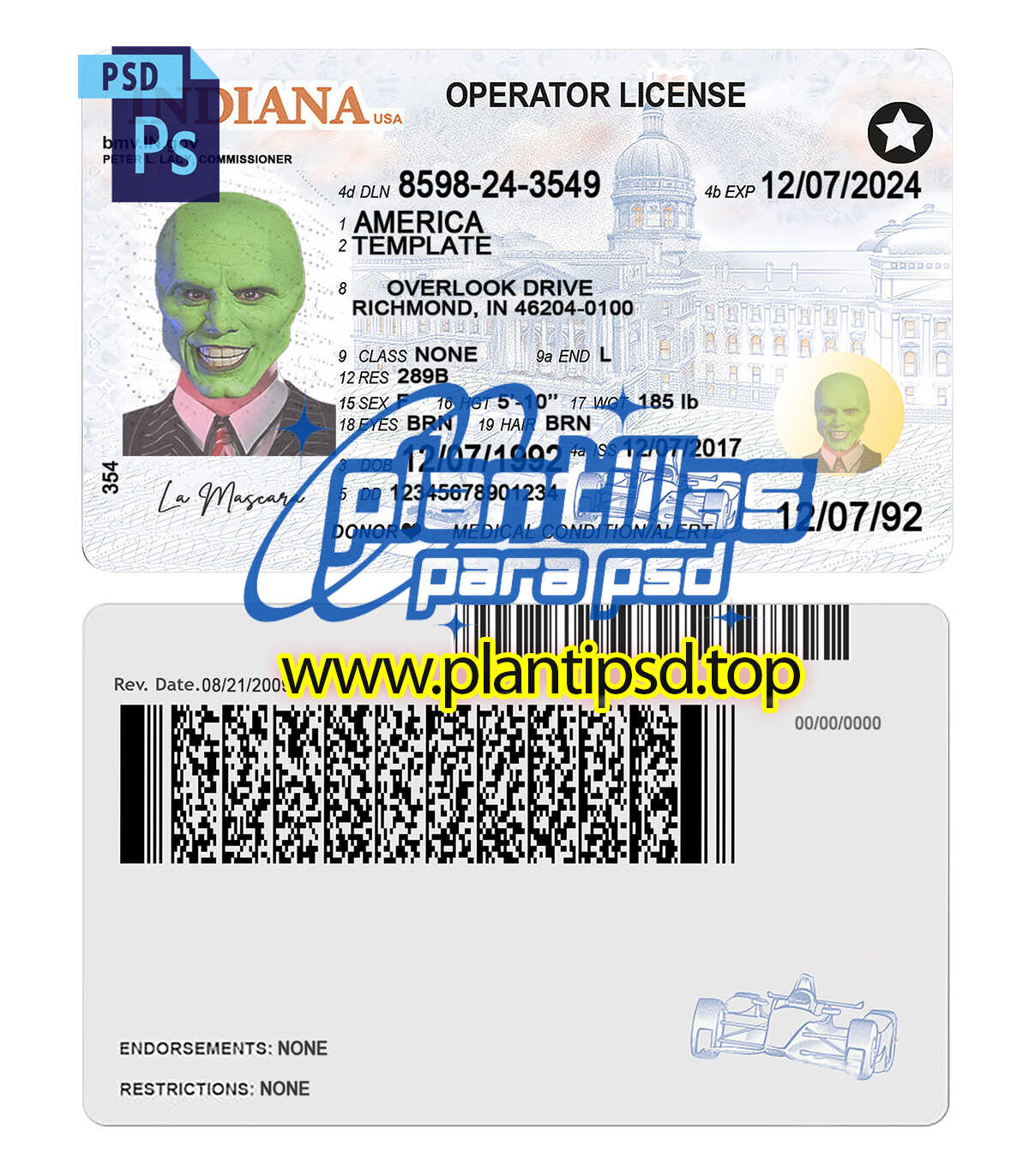 Licencia de Conducir de Indiana USA – Plantilla Digital Editable en Photoshop