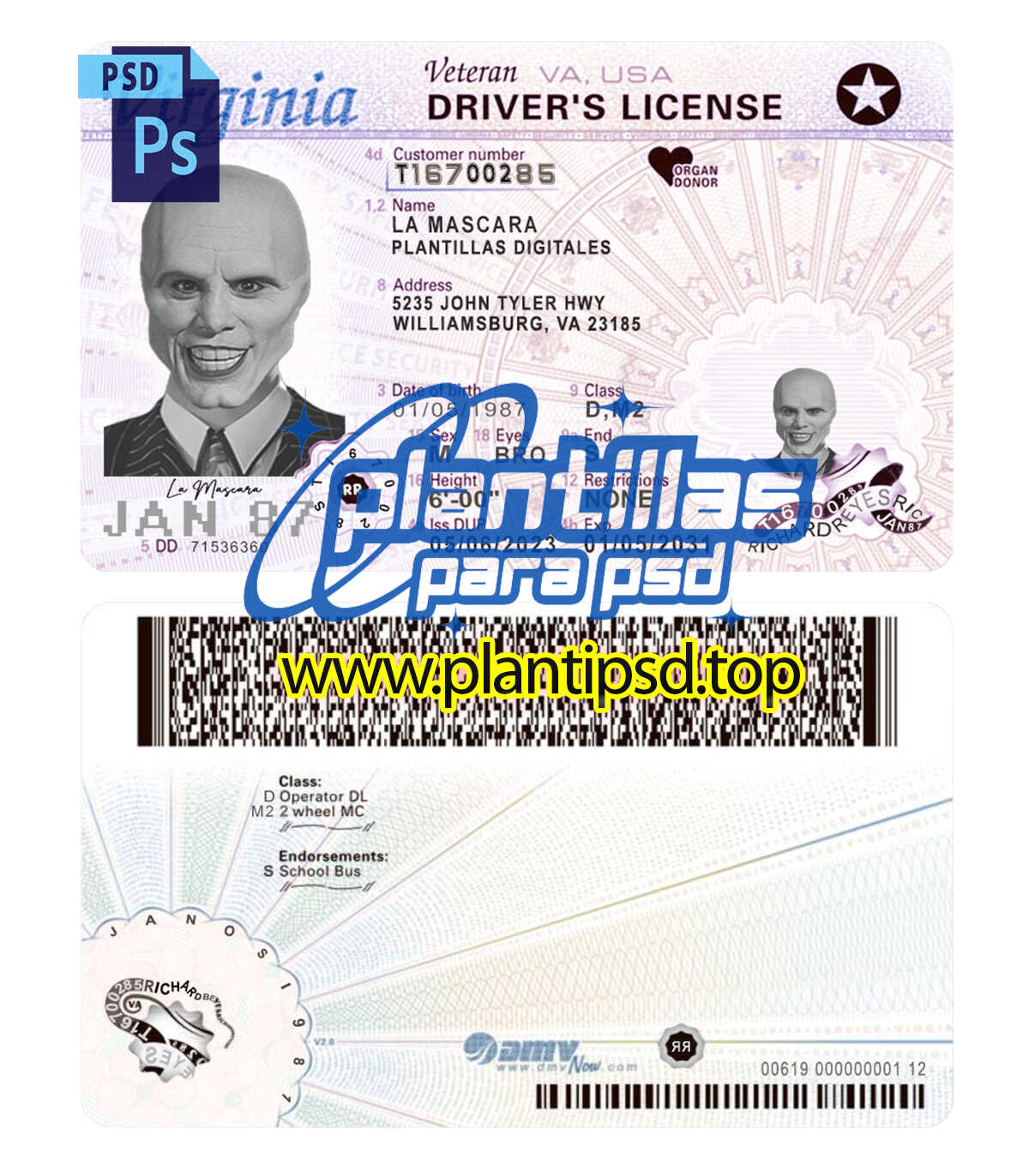 Licencia de Conducir de Virginia USA Versión 2 – Plantilla Digital Editable en Photoshop