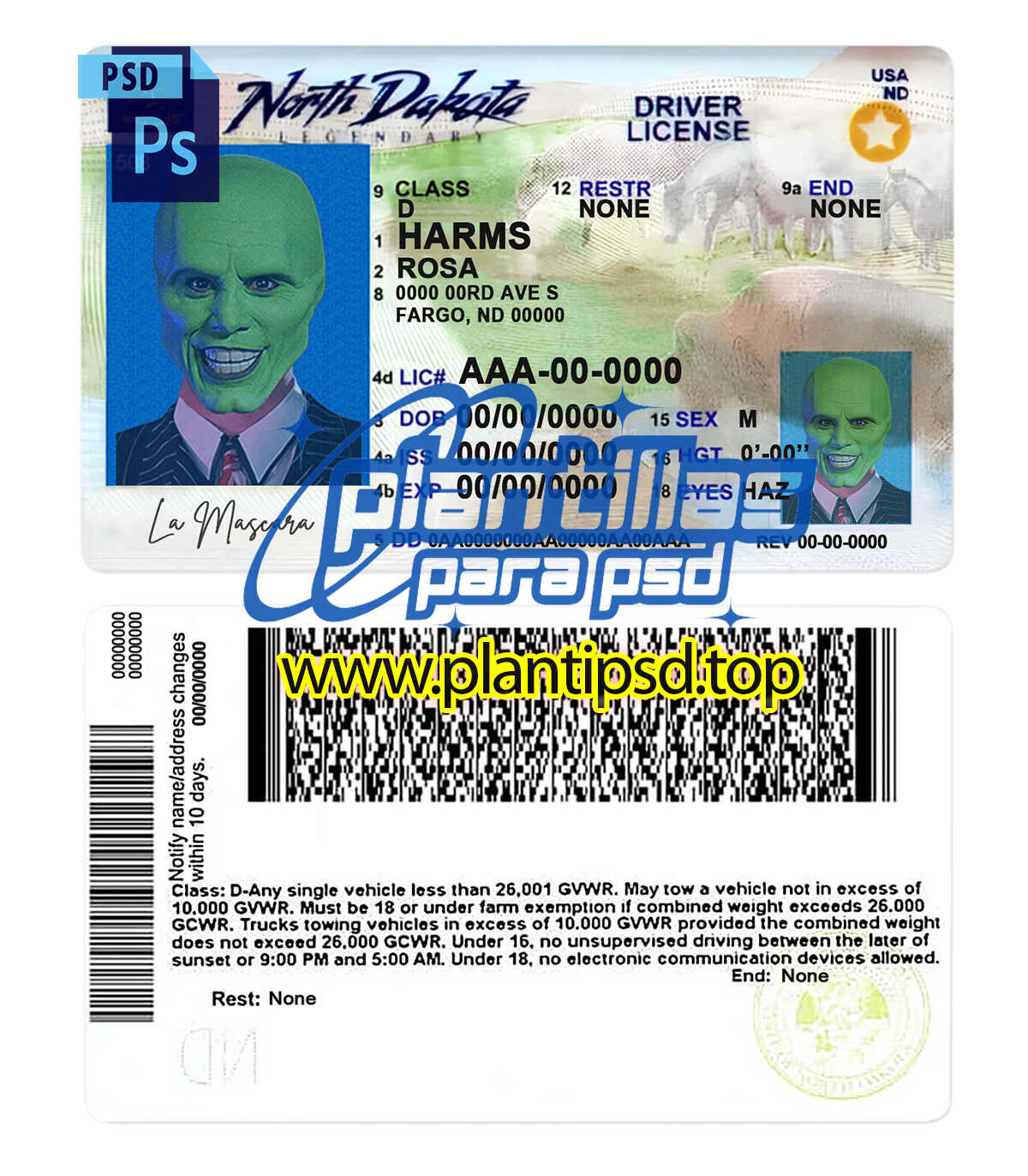 Licencia de Conducir de North Dakota – Plantilla Digital Editable en Photoshop