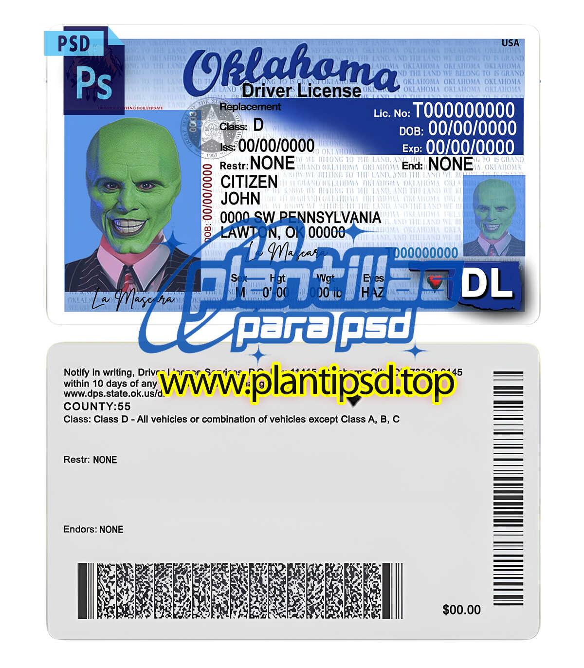 Licencia de Conducir de Oklahoma USA Versión 2 ā Plantilla Digital Editable en Photoshop