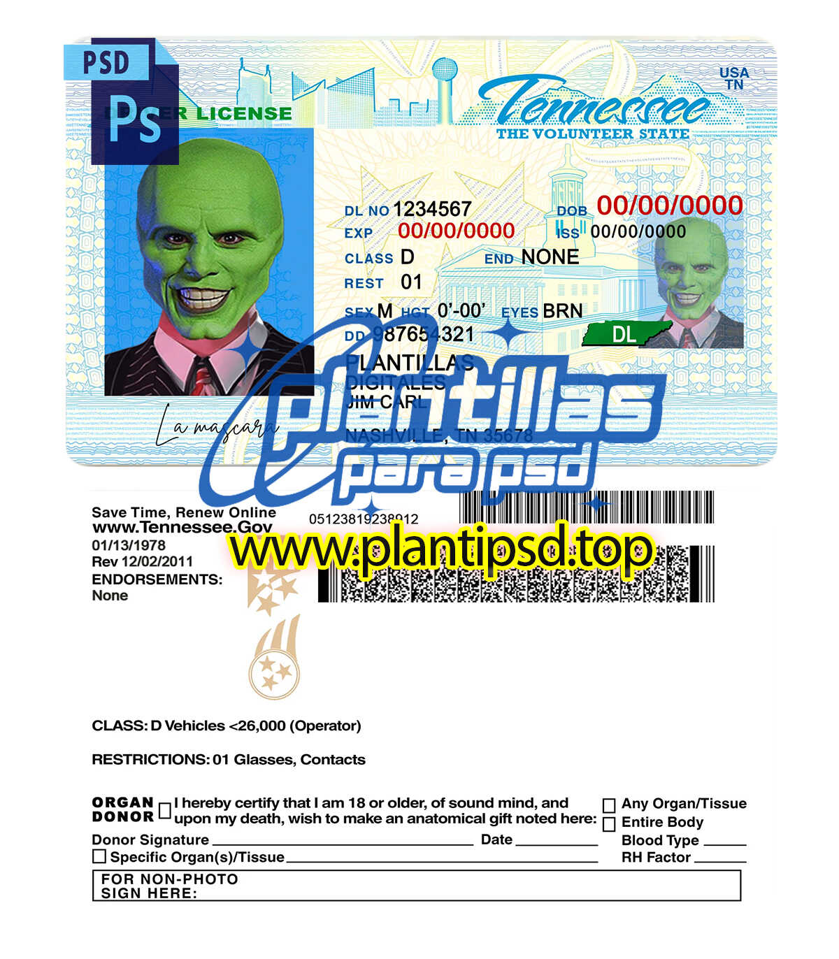 Licencia de Conducir de Tennessee USA Versión 2 ā Plantilla Digital Editable en Photoshop